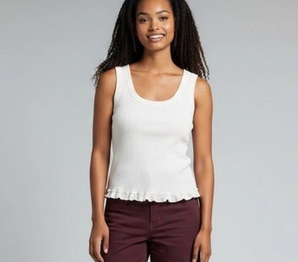 Bailey 44 Cream Ribbed Knit Scoop Neck Hem Detail Minimalist Capsule Tank Top XL